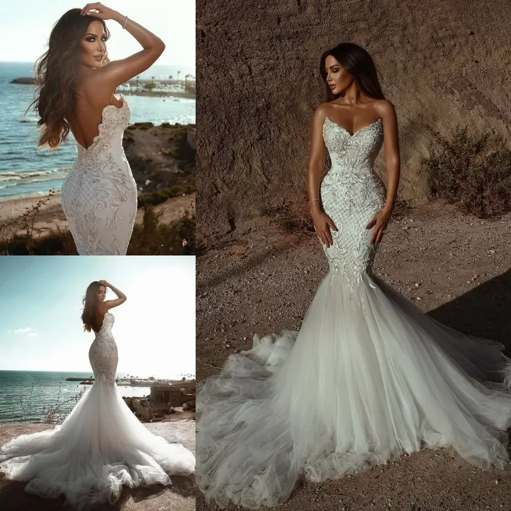 

Gorgeous Lace Mermaid Wedding Dresses Strapless Neck Beaded Bridal Gowns Backless Sweep Train Sequined Appliqued Tulle Vestido