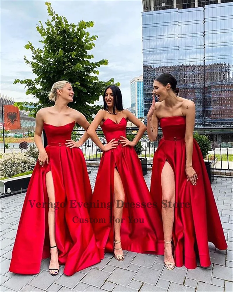 Verngo novo 2021 vermelho cetim longo vestidos de dama de honra simples vestidos de festa de casamento com bolsos fenda estilo misto vestido de dama de honra