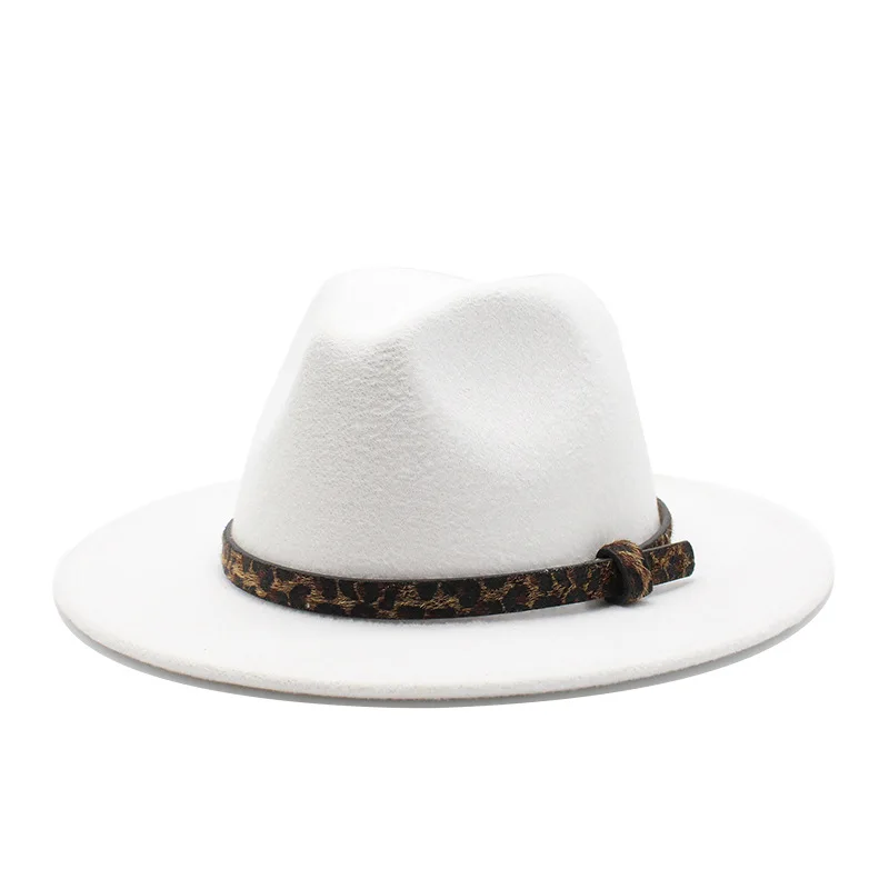 

New Wide Brim White Fedora Hat For Women Wool Felt Hats For Men Fall Winter Panama Gamble Jazz Cap Black white Leopard belt cap