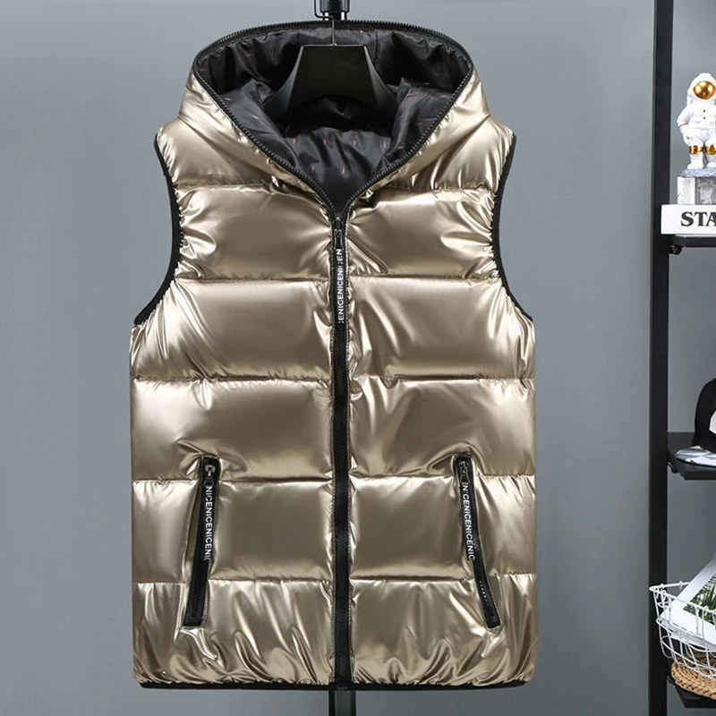 Winter Men Bright Vest Hooded Warm Thicken Waistcoat Cotton-Padded Solid Color Waterproof Male Streetwear Size 5XL 6XL