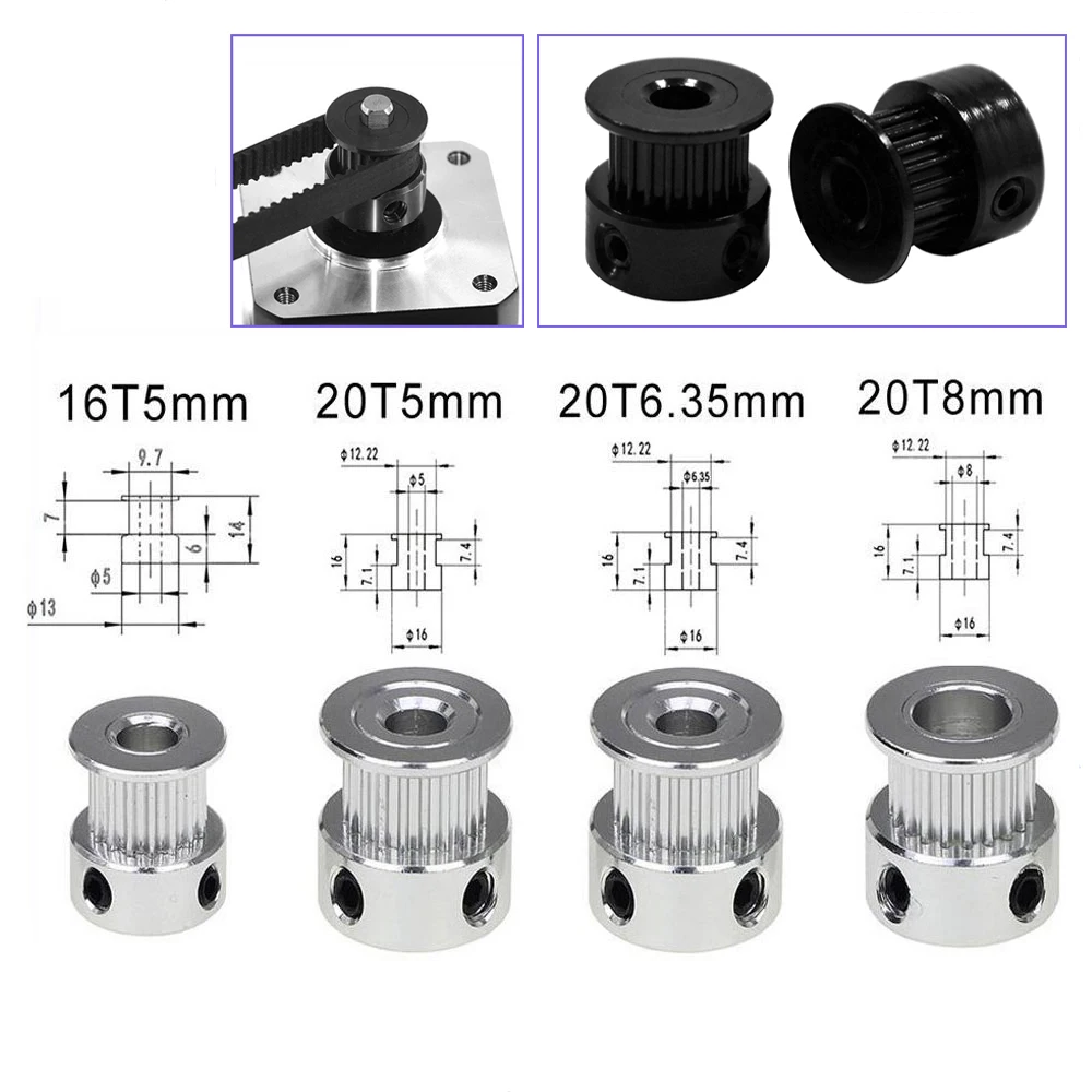 Część drukarki 3D Otwór 8 mm/5 mm Szerokość 6 mm Czarne koło synchroniczne GT2-20 Zębate koło synchroniczne Koło pasowe nbelt 2GT Okrągłe koło pasowe