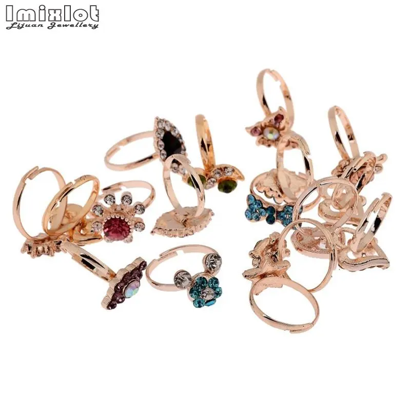 10Pcs Mixed Style Bow Flower Shape Jewelry Lots Colorful Crystal Rhinestone Kid Children Rings for Women Girls