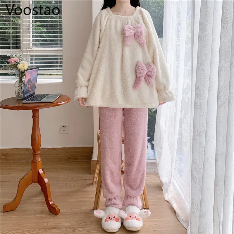 Autumn Winter Women Sweet Lolita Coral Fleece Pajamas Sets Cute Bow Warm Homewear Sleepwear Girls Kawaii Lounge Pyjamas 2PC Set