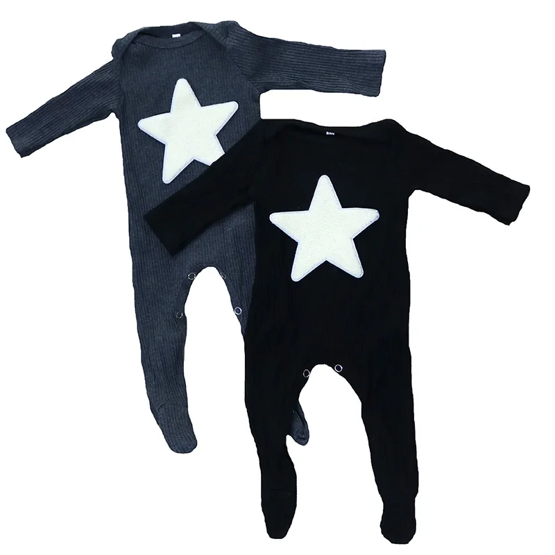 Soft Cotton Ribbed baby girl outfit footies Solid color New Design Star Long Sleeves romper bodysuits For Kids baby Boys Clothes