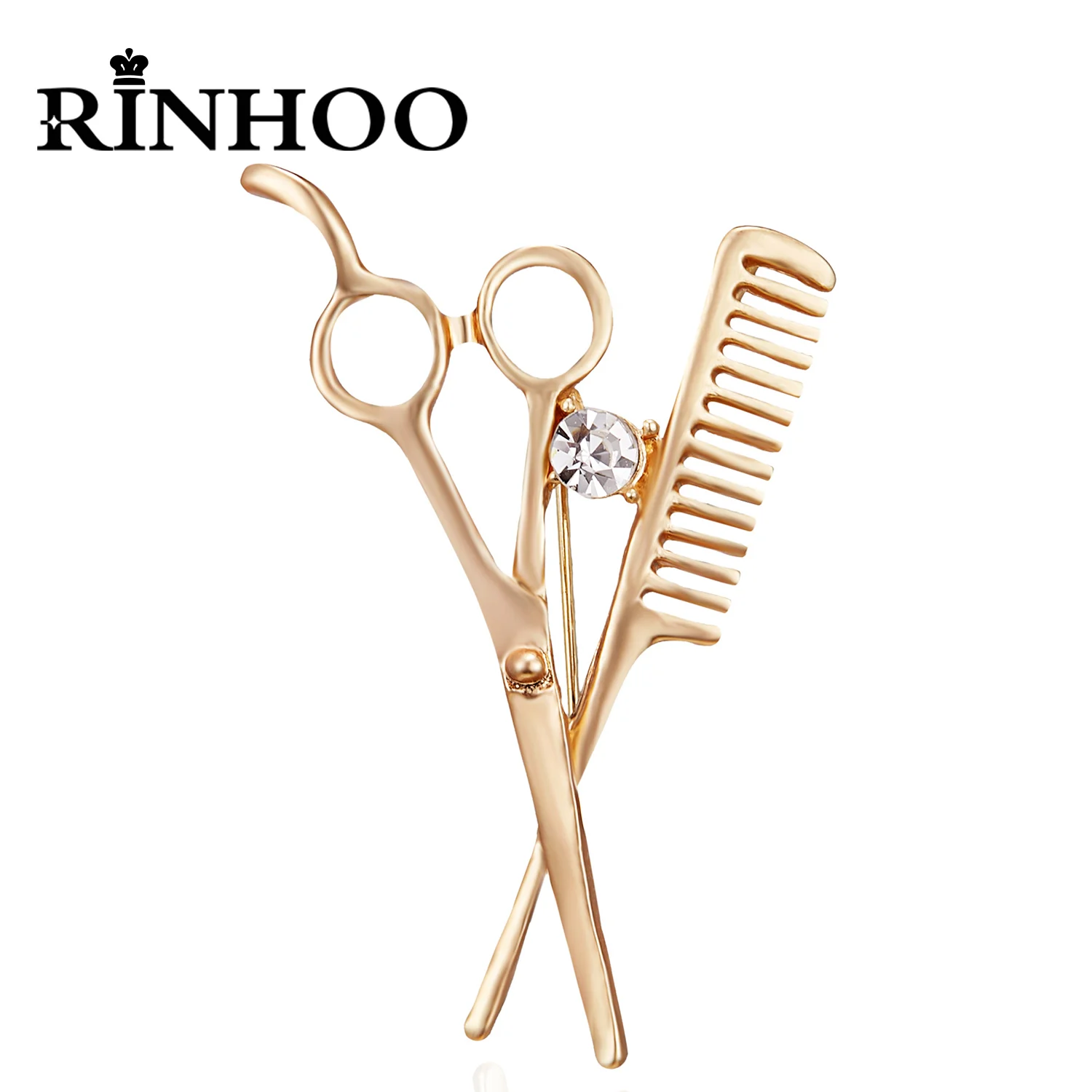 Rinhoo Gold Color Comb Scissors Corsage Brooch Pins Lapel Suit Shirt Clothes Metal Crystal Pin Badge For Women Men Jewelry Gifts