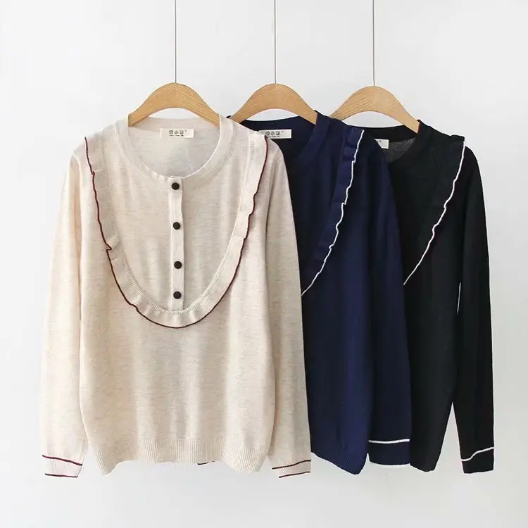 Women Wooden Ear Round Collar Sweater Spring Autumn Korean Thin Bottom Pullover Lady Long Sleeve Sweet Casual Student Top H9468