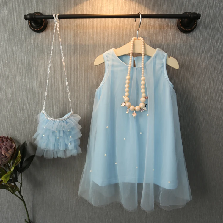 Vestido de princesa infantil, vestido de fadas para meninas, vestido de tule sem mangas com pérolas, vestido de festa casual e de verão, vestido de tule com contas
