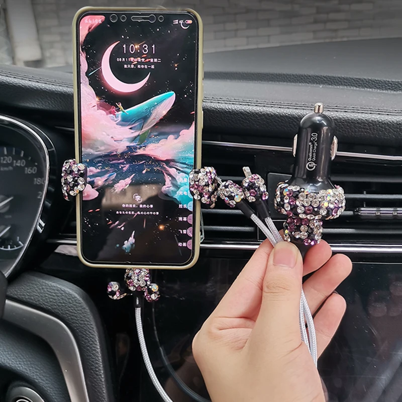 

Universal Mobile Phone Holder Car Air Vent Holder with Rhinestone USB Car Charger with Cable Universal Car Mount Accessories