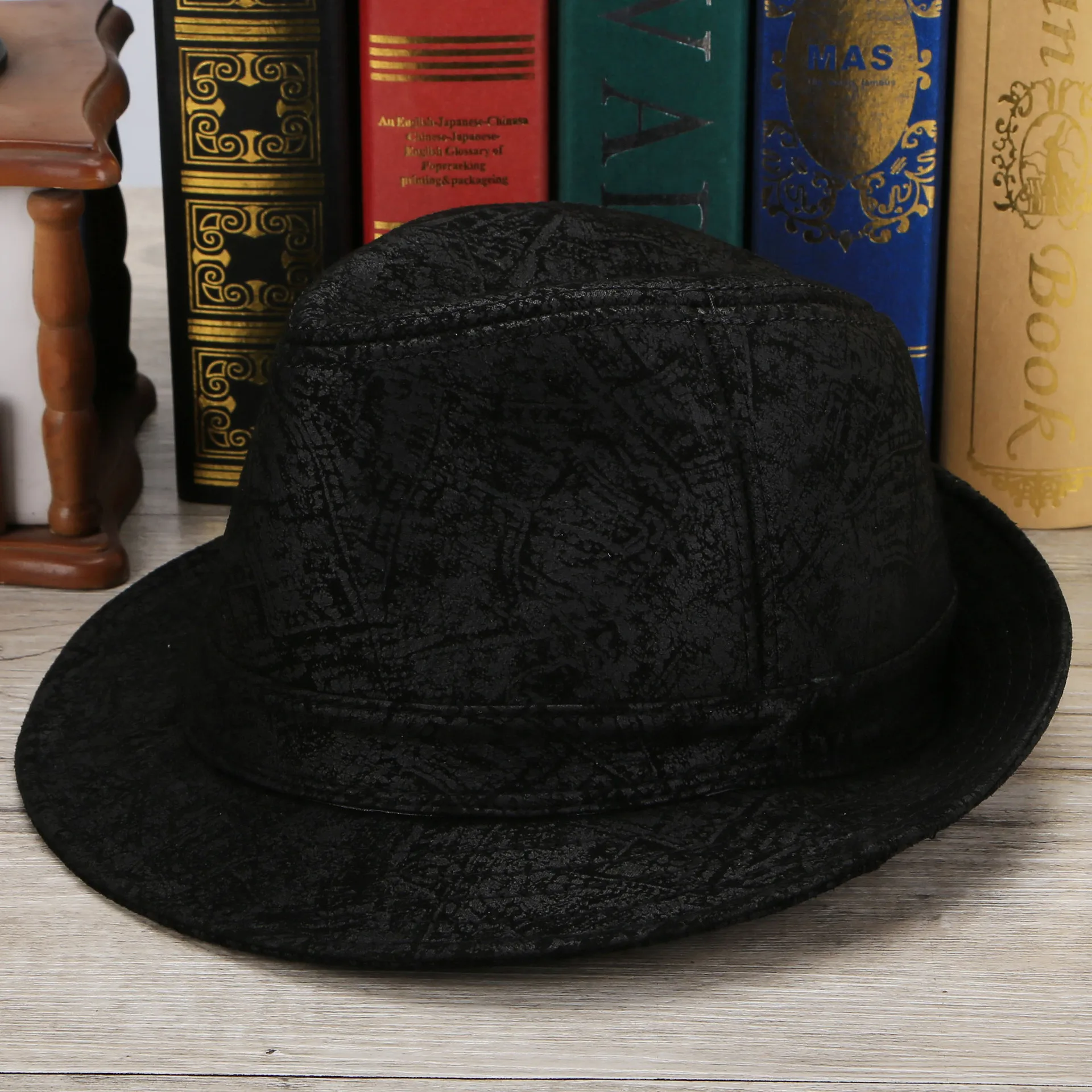 

X169 Gentleman Leather Fedora Hat Sheep Skin Printing Hat Adult Natural Leather Jazz Tycoon Hat Printing Skin Cowboy Hat