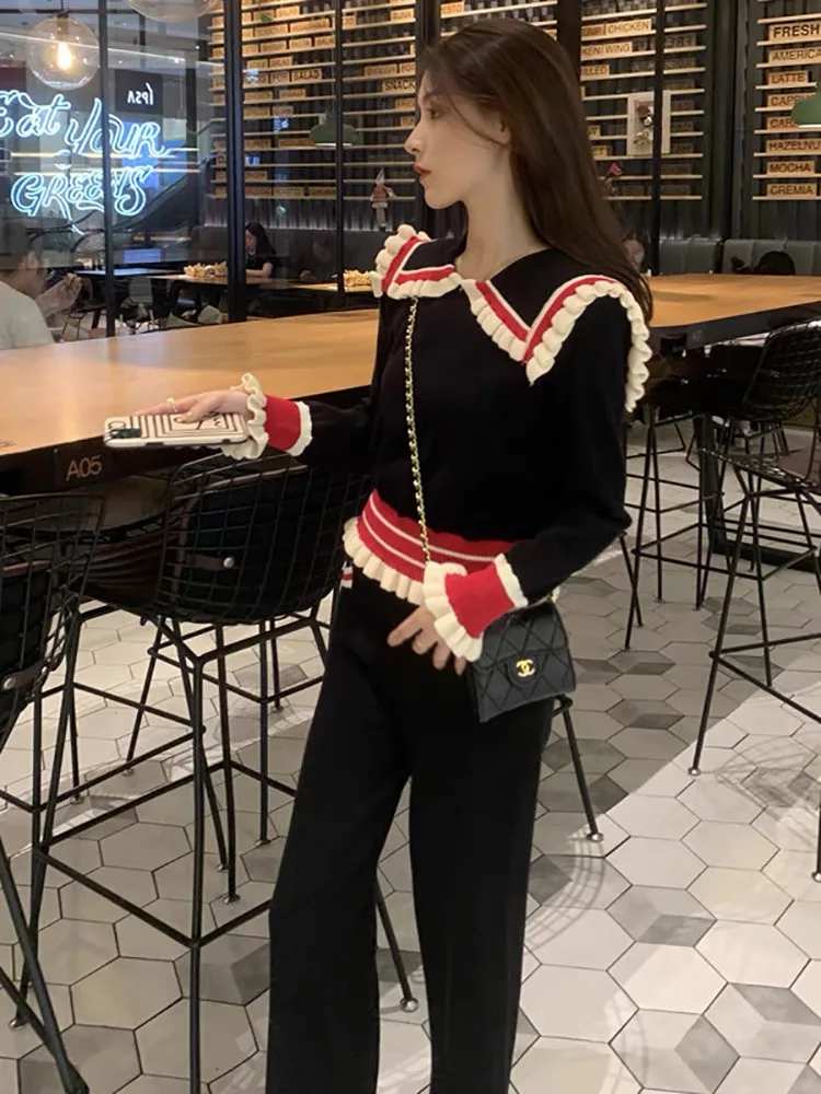 Fashion Sweet Girls Two Piece Set Women Knitted Contrast Color Peter Pan Collar Long Sleeve Sweater Tops + Wide Leg Pants Suits