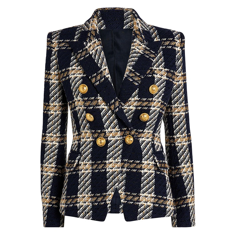 Chaqueta de Tweed de lana a cuadros para mujer, Blazer ajustado con botones de León, doble botonadura, de alta calidad, a la moda, 2024