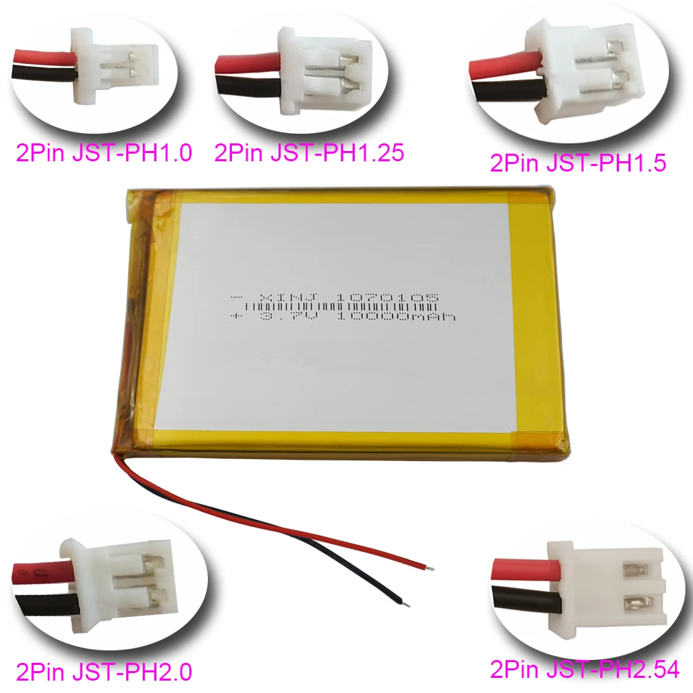 

3.7V 10000mAh 37Wh Polymer Li Lipo Rechargeable Battery 1070105 JST 2Pin 1.0 1.25 1.5 2.0 2.54mm For GPS LED E-book Tablet PC