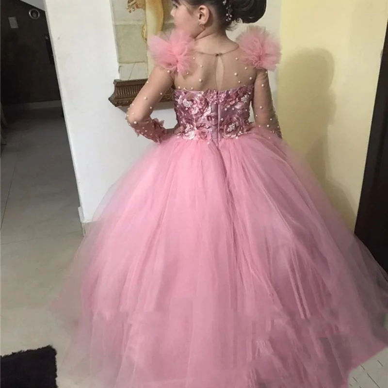 Vestidos de flores para niña, apliques de encaje de manga larga, Vestidos de Noche de desfile de tul, vestido de baile de cumpleaños, vestidos de primera comunión