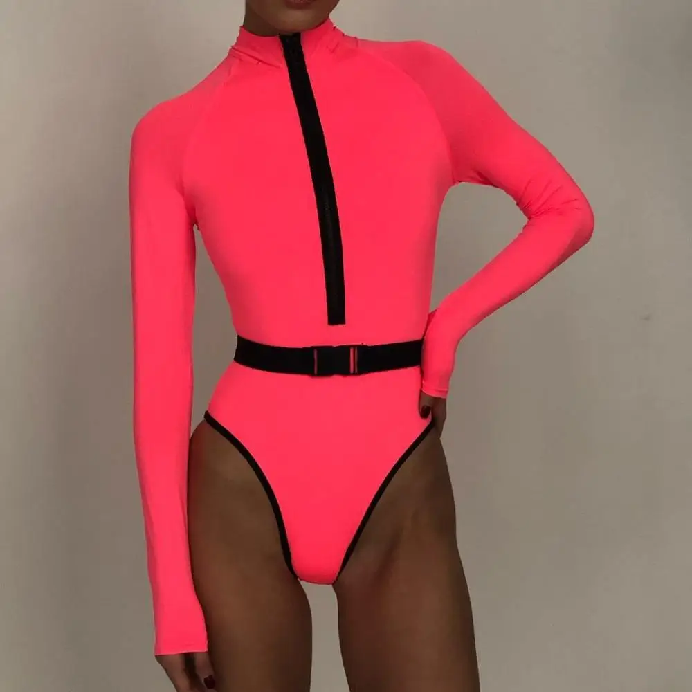 BKLD Long Sleeve Bodysuit 2020 Autumn Winter Women Fashion Zipper V-Neck Bodycon Spandex Bodysuit Clubwear Neon Romper Ladies