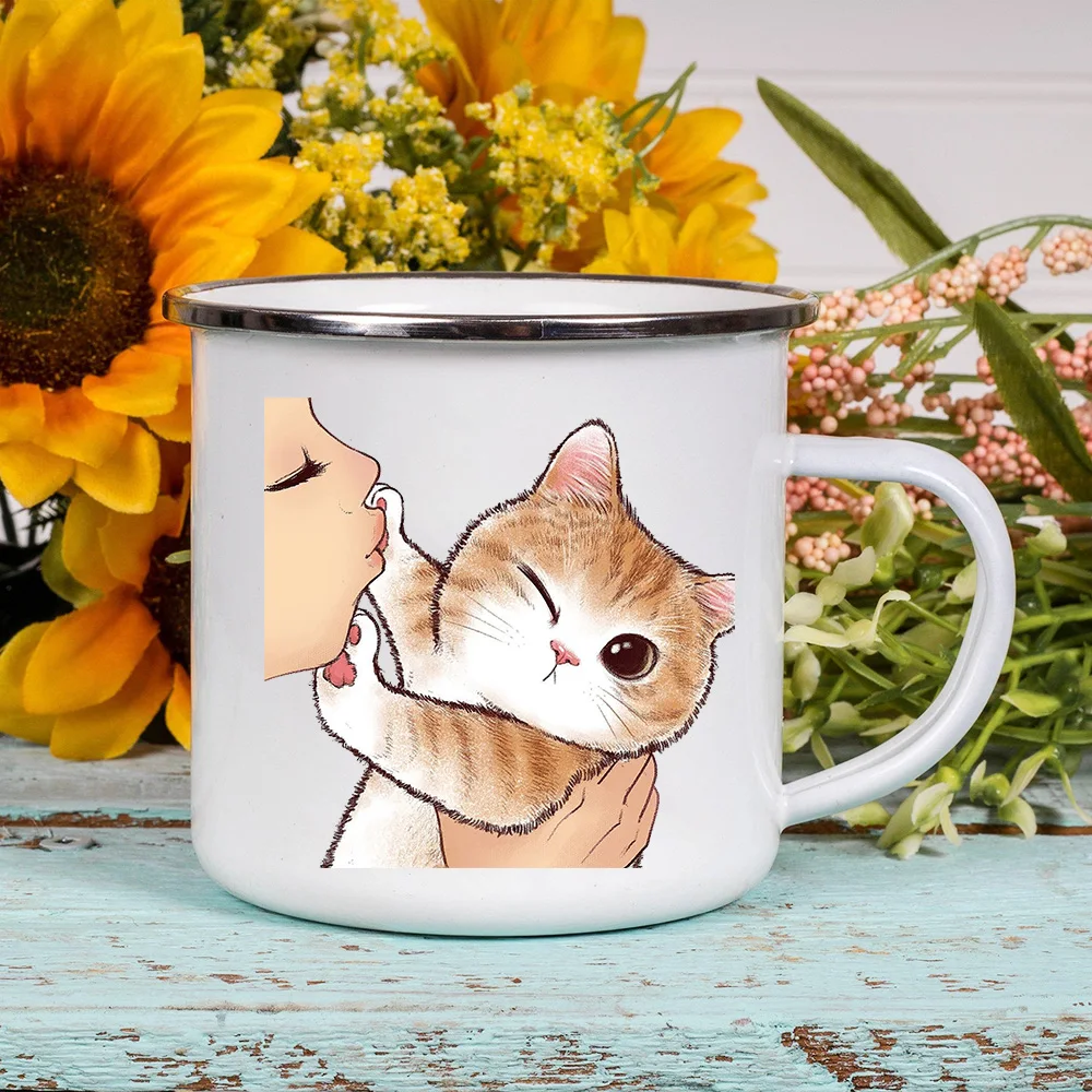 Cartoon Cat Print Enamel Coffee Tea Mugs Cute Animal Breakfast Dessert Milk Water Cups Love Cat Home Drinkware Best Friend Gifts