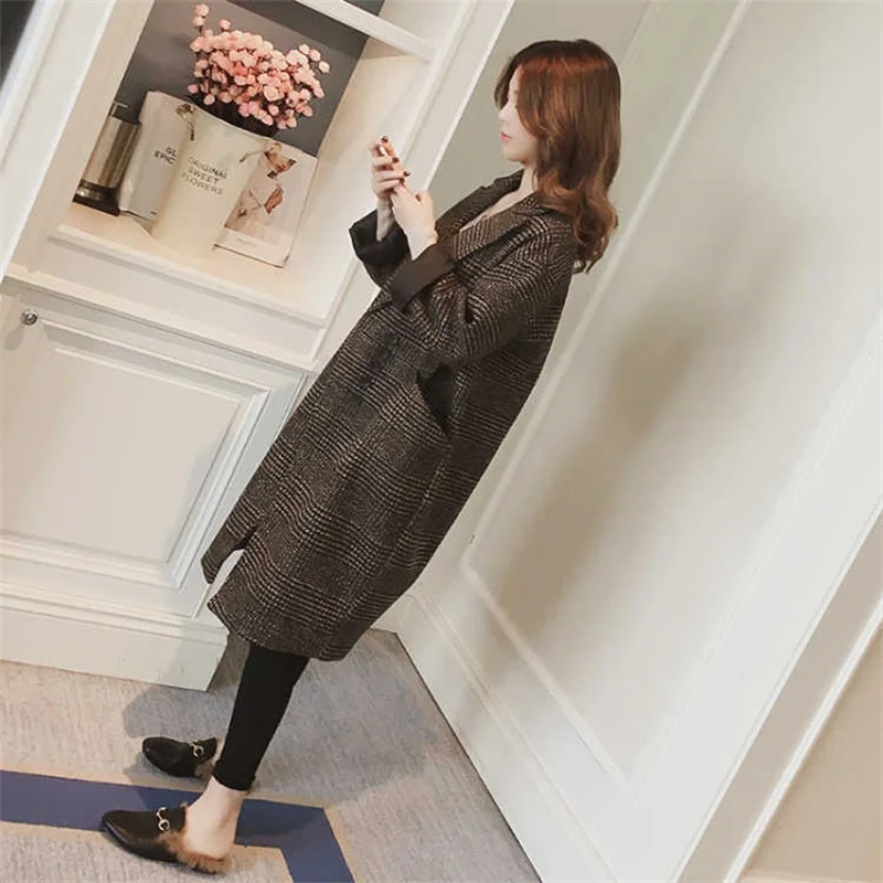 2024Spring Autumn New Fashion Korean Mid-Length Houndstooth Woolen Jacket Women Suit Collar Plaid Over The Knee Cocoon Coat