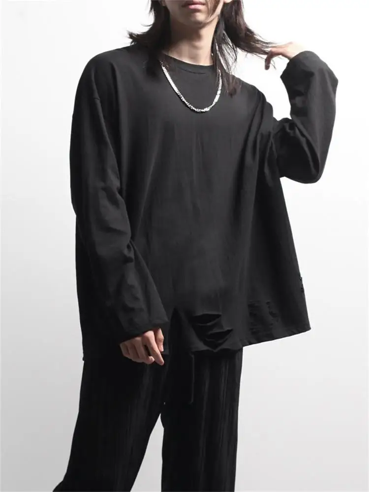 Men's Long Sleeve T-Shirt Spring And Autumn New Personality Hole European And American Leisure Port Wind Large Size T-Shirt