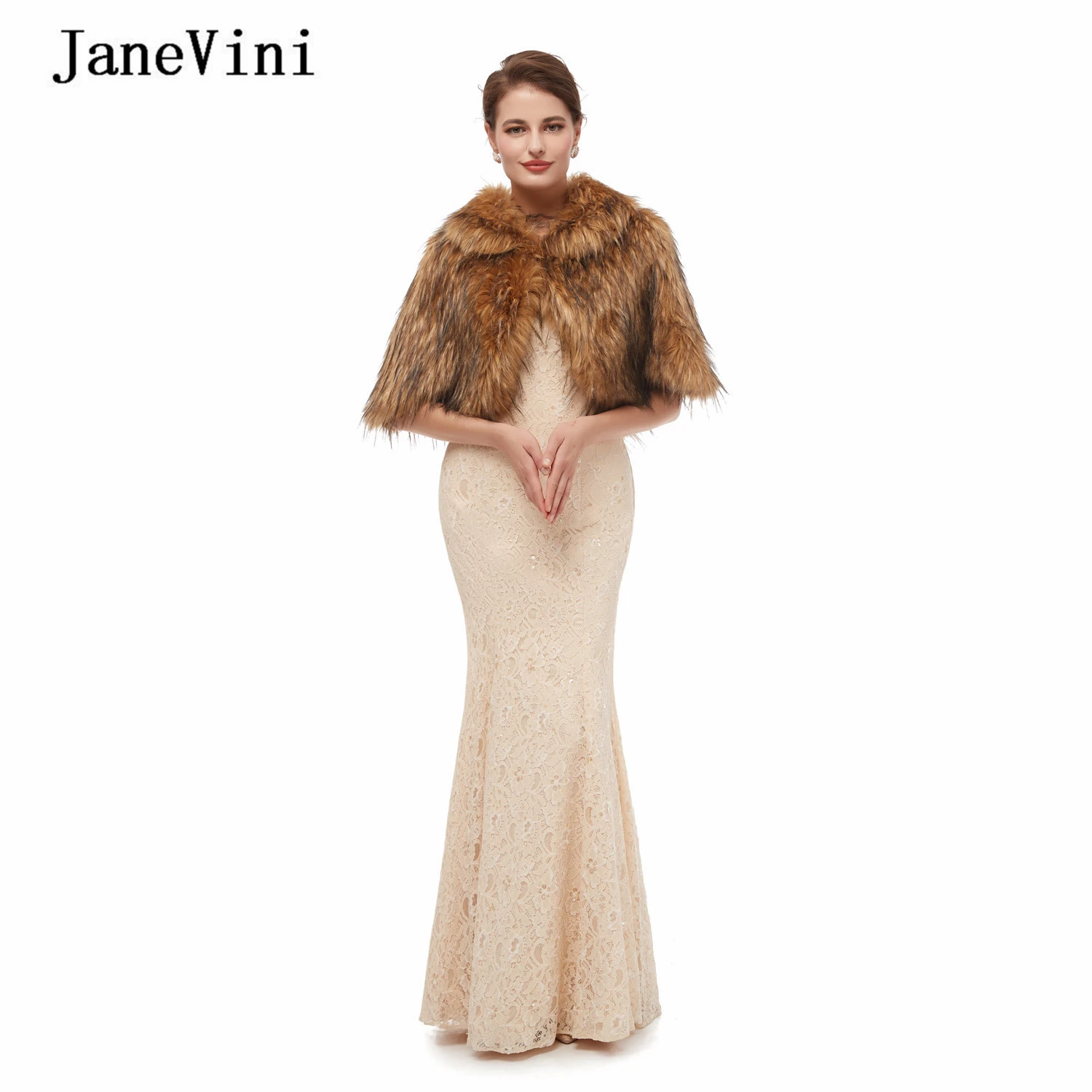 JaneVini 2020 New Fashion Brown Lapel Collar Faux Fur Wedding Bolero Bridal Cape Shawls Wraps Outwear Stoles Wedding Accessories