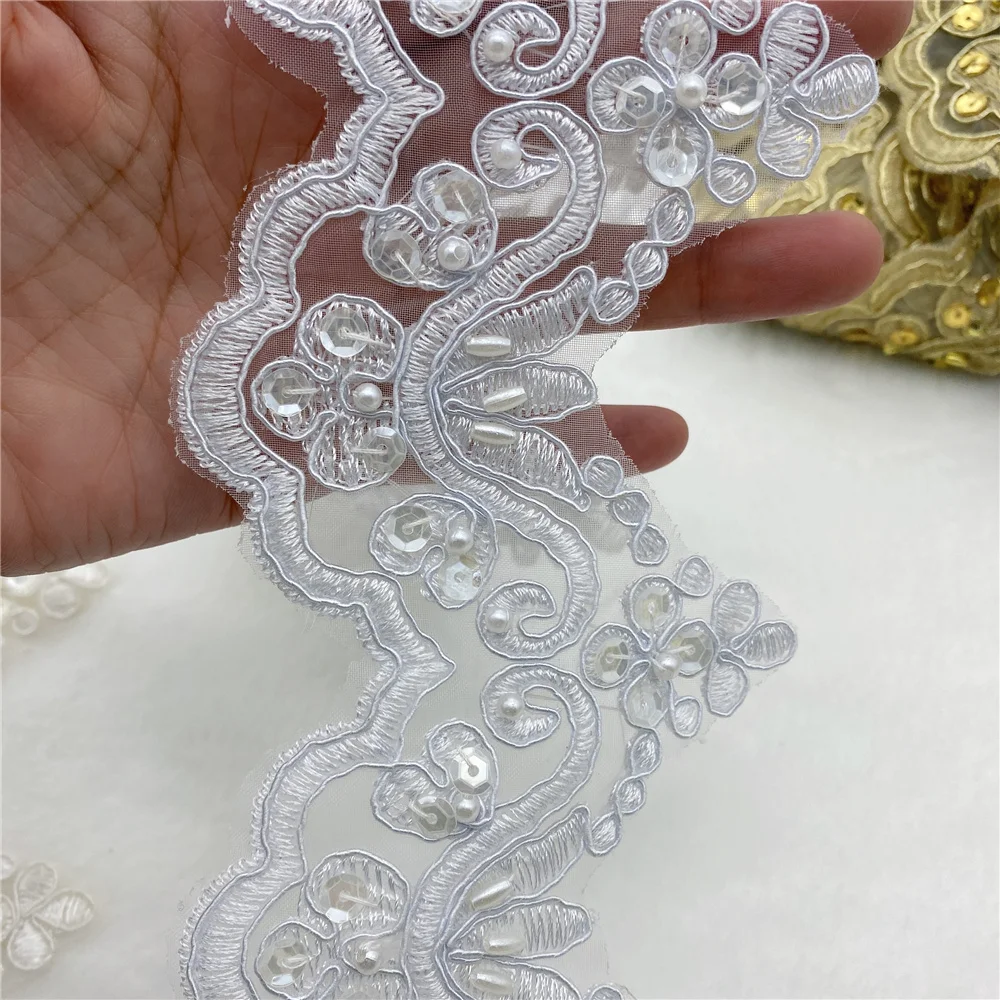 

14yards Pearl Beaded Bridal Wedding Applique lace Trim Edging evening dress Costume