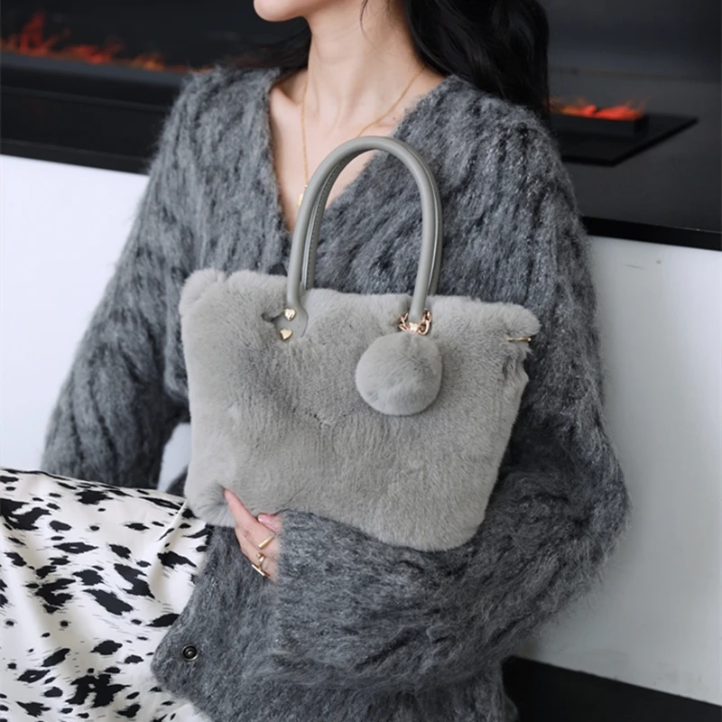 KAISHIN Womens Winter Fashion Solid Toto Bag Genuine Rex Rabbit Fur Handbag Genuine Leather Handle Shoulder Bag IL00637