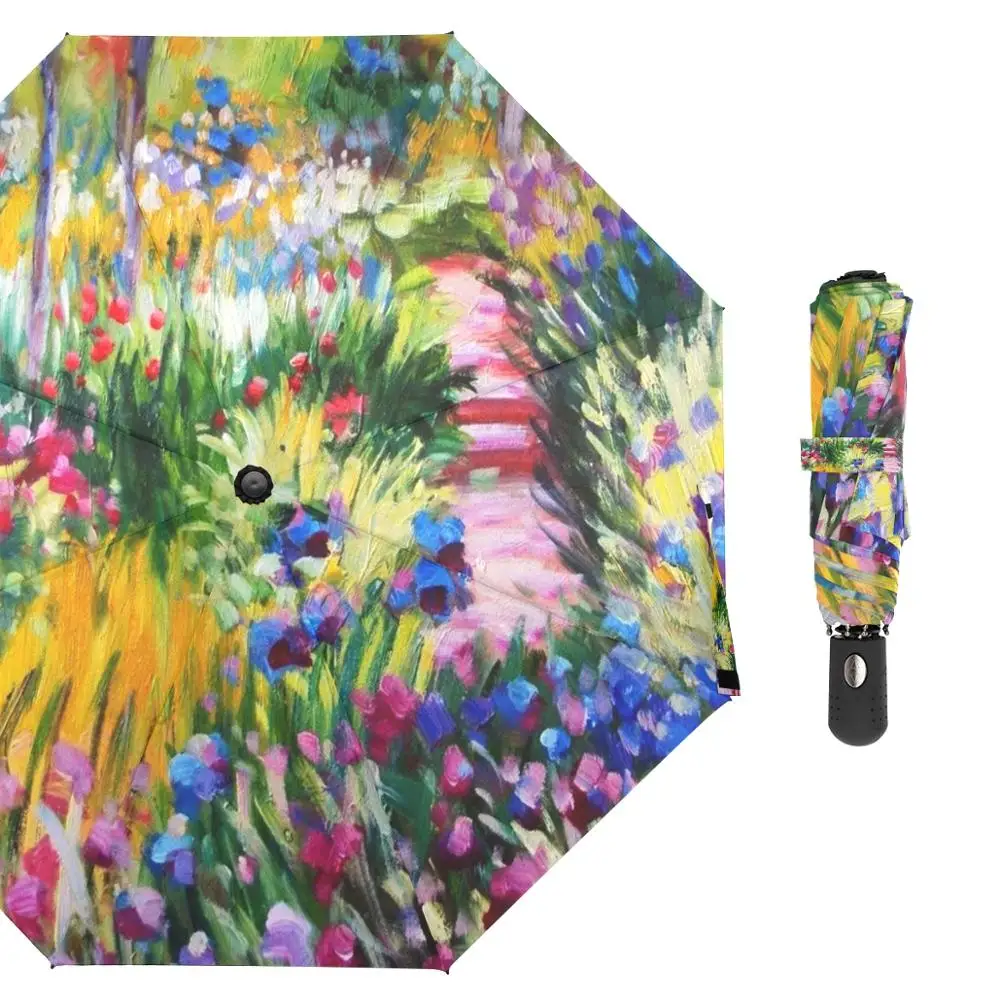 Famous Claude Monet Oil Painting Umbrella Three Folding Umbrella Rain Women Fully Automatic Umbrella Sun Protection Parasol