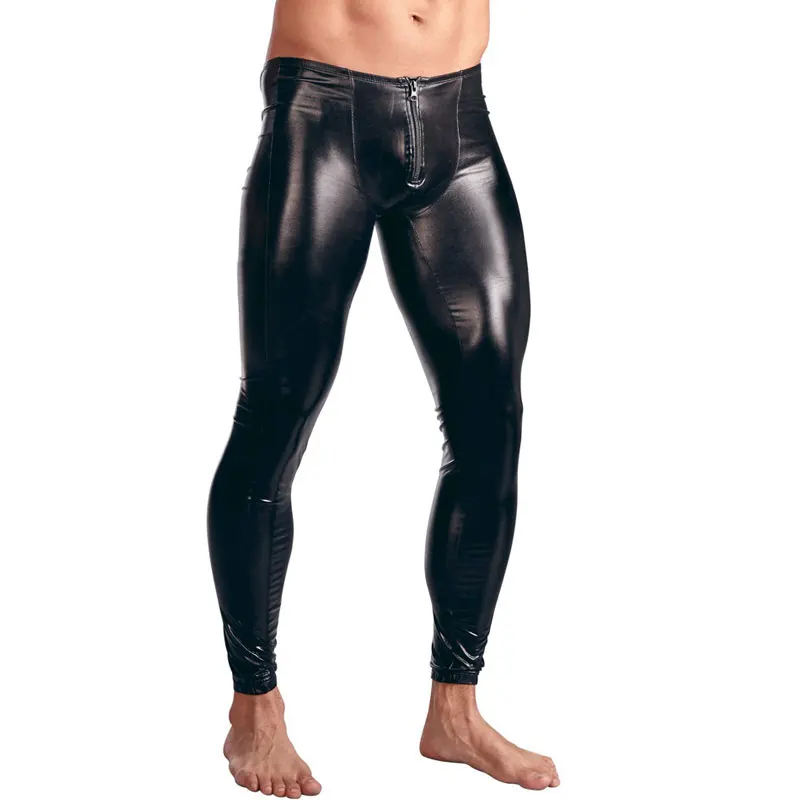 Sexy U Pouch Zipper Open Shiny Stage Dance Pencil Pants Faux Leather Skinny Pants Sexy Legging Gay Wear Plus Size Sexy Tight F24