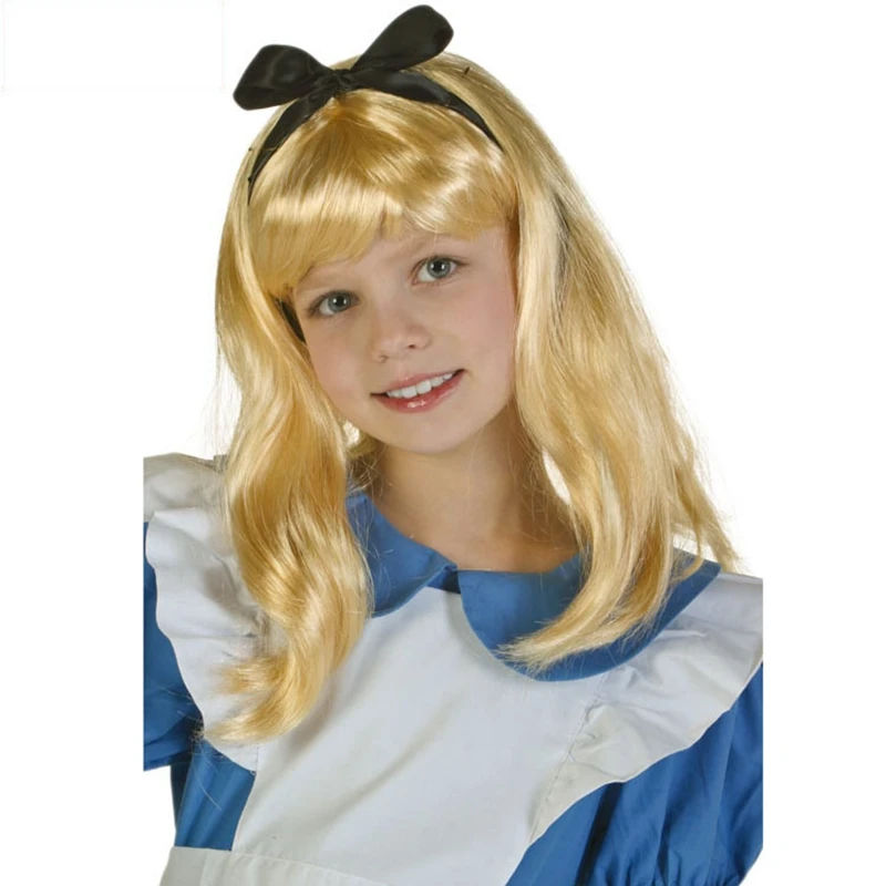 Alice In Wonderland Alice สีเหลืองคอสเพลย์วิกผมตรงผมยาวสังเคราะห์เครื่องแต่งกาย Party Halloween Party Wigs + วิกหมวก