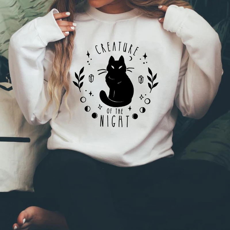 Creature Of The Night Black Cat Sweatshirt Fashion Witch Woman Halloween Sweatshirt Spooky Moon Celestial Magic Crystal Pullover