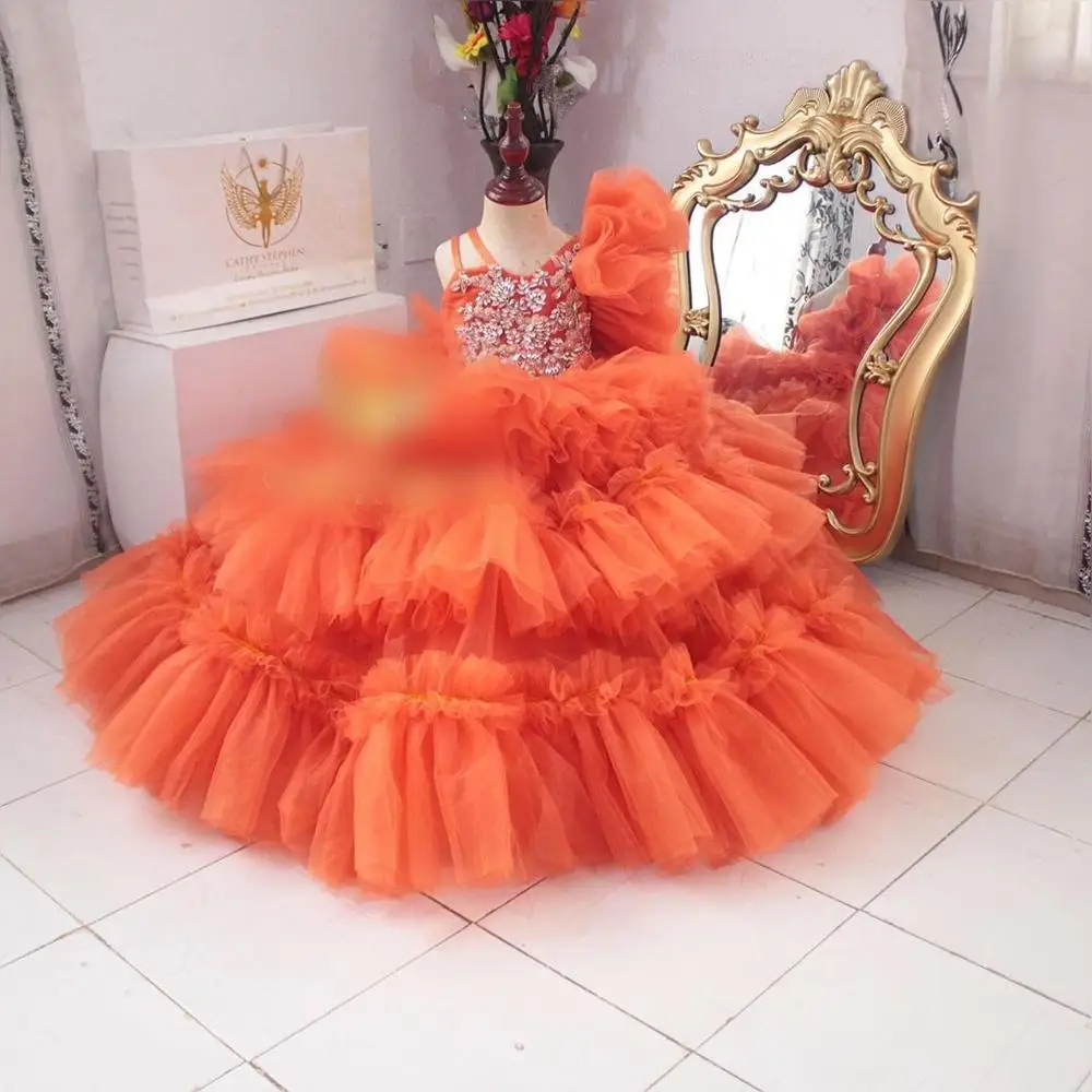 Crystal Tulle Ruffles Pageant Dresses For Girls Real Picture Tiered Tulle Kids Flower Girl Dress Birthday Party Gown