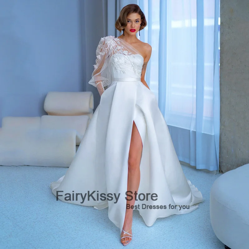 FairyKissy – robe de mariée blanche asymétrique, épaule dénudée, fente haute, robe de plage moderne, style Boho, en Satin, taille personnalisée