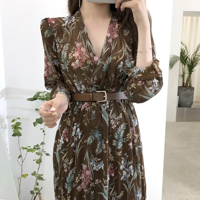 

Pleated Chiffon Floral Dress Maxi v Neck Long Sleeve Flower Retro Elegant Korean Summer Beach Vestidos Primavera Verano 2020