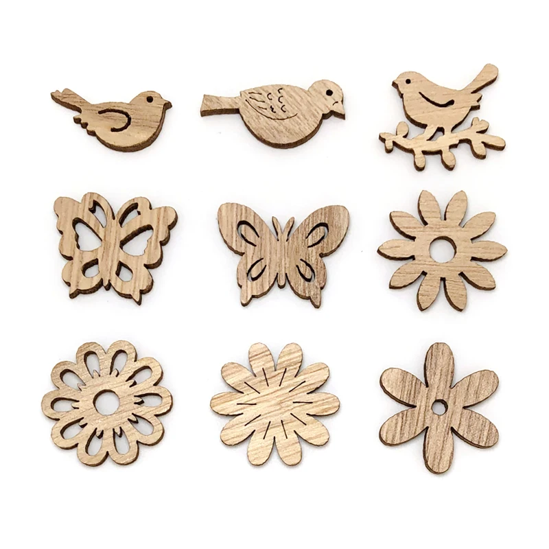 25/50pcs Mix Natural Wood Chips Butterfly Flowers Wooden DIY Crafts Christmas Tree Hanging Ornaments Wedding Party Home Decor