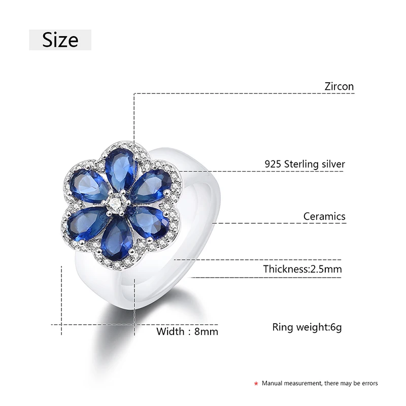 New 925 Sterling Silver Flower Ceramic Ring For Women With Blue Crystal Fashion Trendy Wedding Jewelry With 8mm Smooth Ring Gift