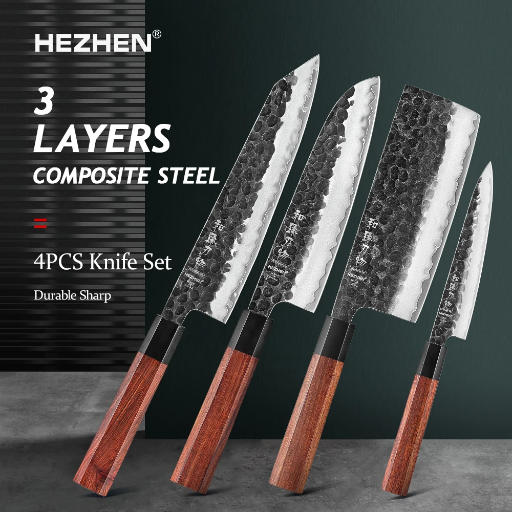 

HEZHEN 1-4PC Kitchen Knife Set 3 Layers Composite Steel High Quality Rosewood Handle Cooking Tools Slice Knives