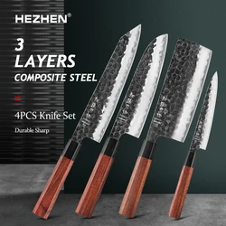 HEZHEN 1-4PC Kitchen Knife Set 3 Layers Composite Steel High Quality Rosewood Handle Cooking Tools Slice Knives