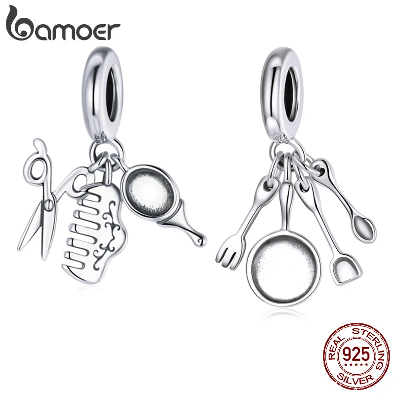 bamoer 925 Sterling Silver Scissors Comb Mirror Beauty Tools Cooking Utensils Set Fork Pan Charm Pendant for Bracelet SCC1887