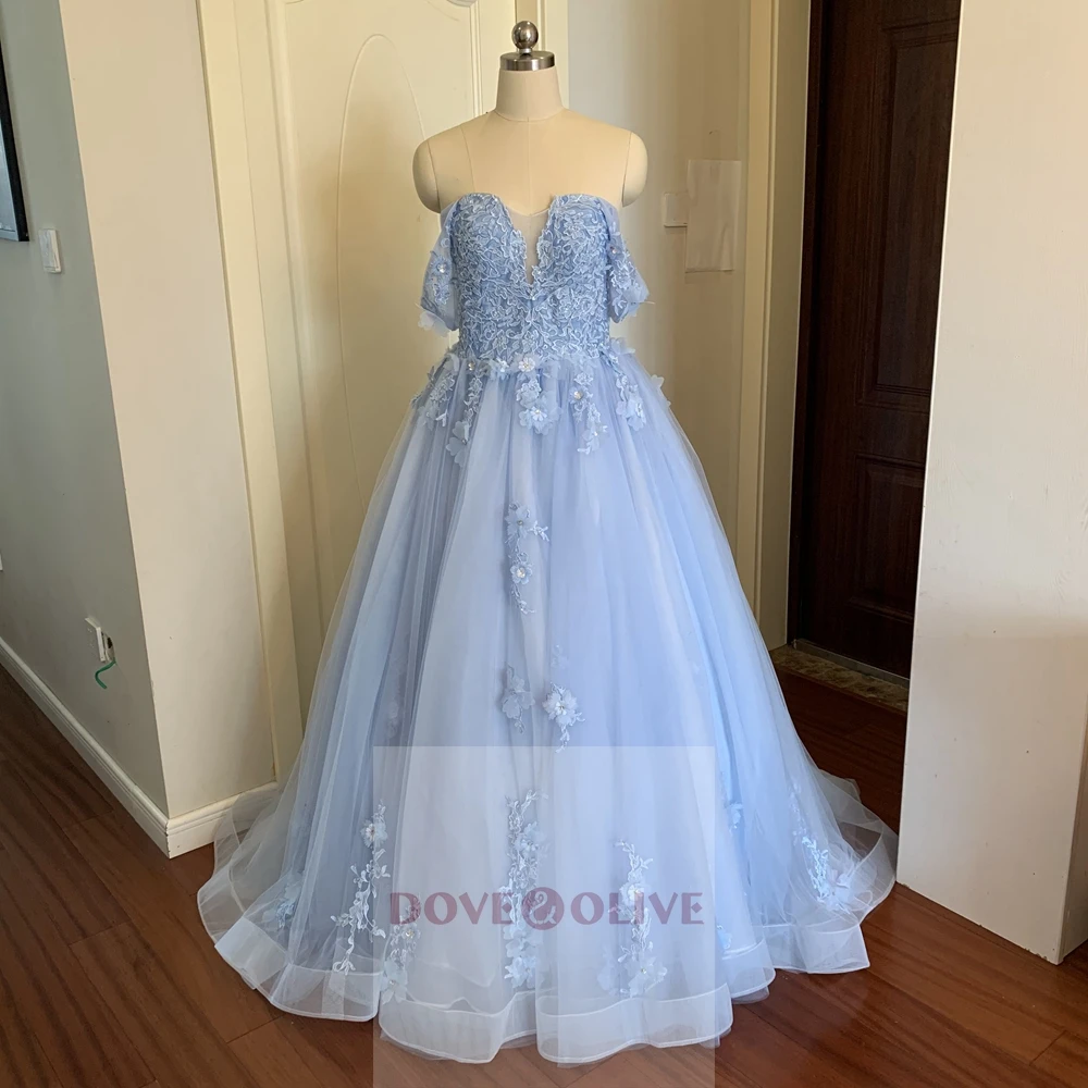 Eleganti abiti da sera con scollo a cuore 2024 New Elegant azzurro con spalle scoperte Appliques abito da ballo lungo formale de soiree