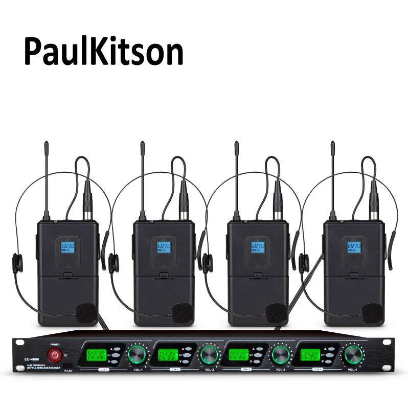 Paulkitson EU4000 Microfone Sem Fio Profissional 4 Canais Handheld Mic Lavalier Mic Para Igreja Atividade Ao Ar Livre Stage Micrófo