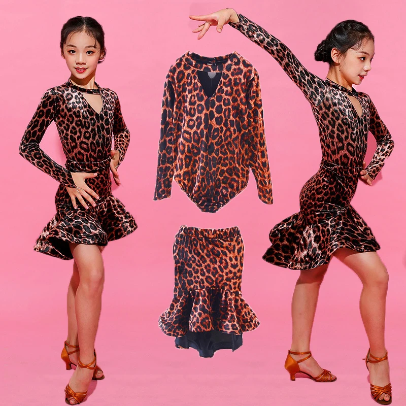 

Girls latin dresses for dancing ballroom dance dress rumba samba Leopard print children samba cha cha tango skirt standard salsa