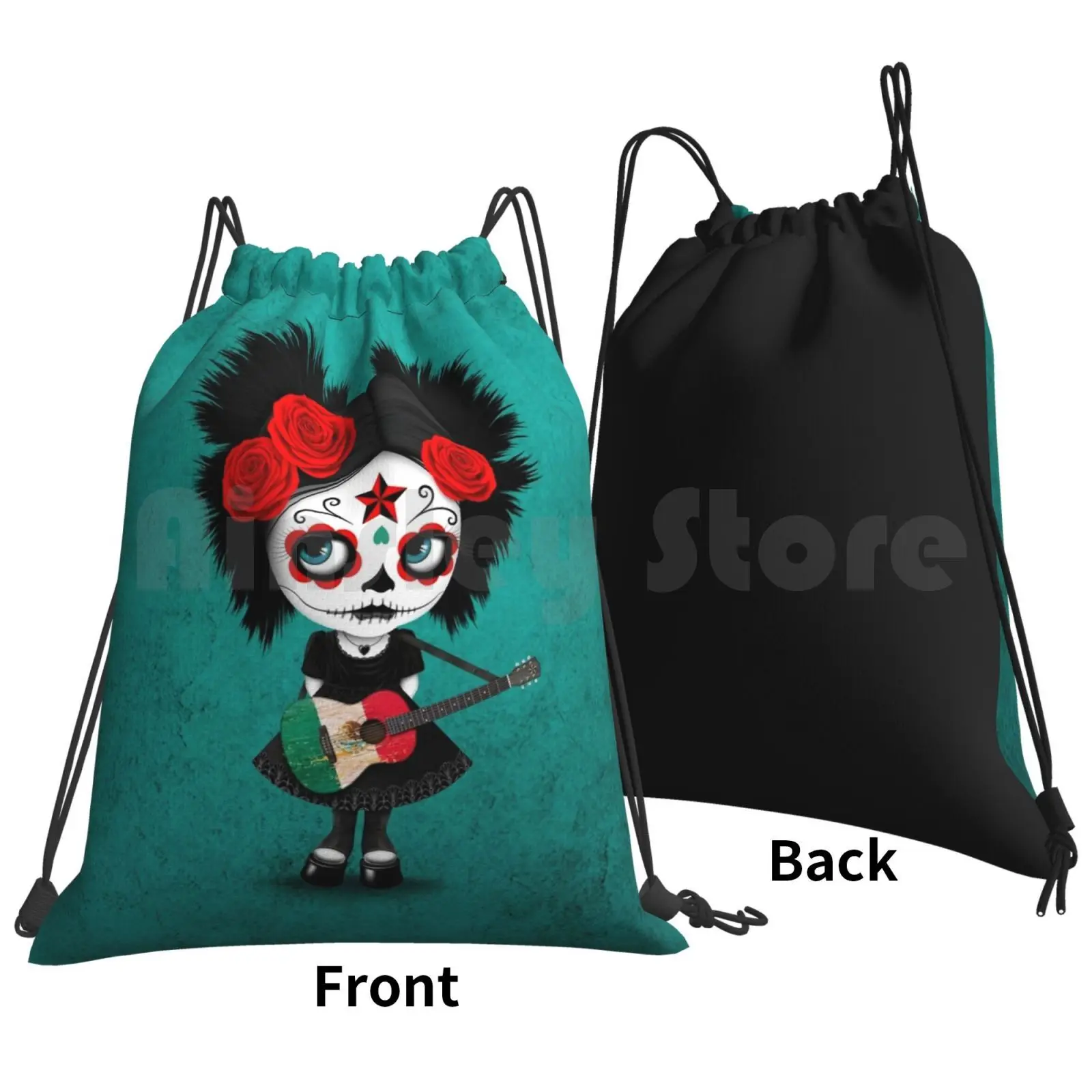 Sugar Skull Girl Playing Mexican Flag Guitar Backpack Drawstring Bag Riding Climbing Gym Bag Day Of The Dead Girl Mexican