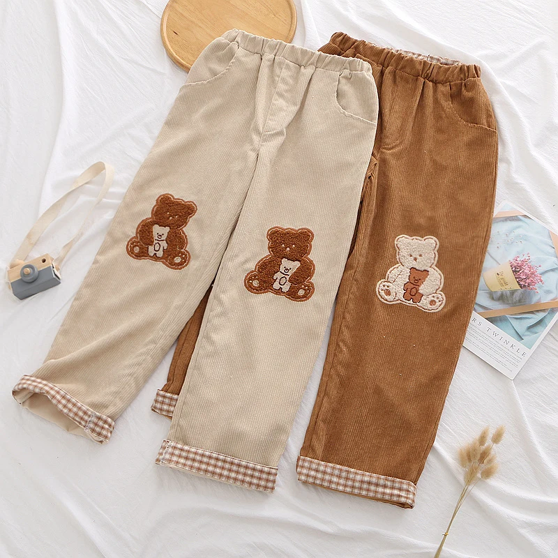 Harajuku Vintage Women Corduroy Pants Cute Cartoon Bear Embroidery Plaid Casual Trousers Winter Teen Girls Kawaii Straight Pants