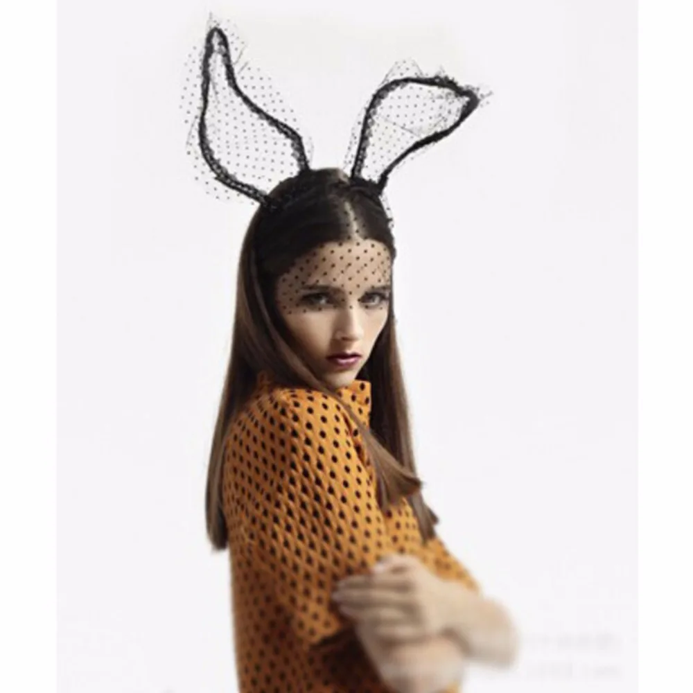 Moda kobiety dziewczyna Hairbands koronki królik Bunny uszy welon czarna maska na oczy impreza z okazji Halloween nakrycia głowy akcesoria do włosów uszy kota 1 Pc