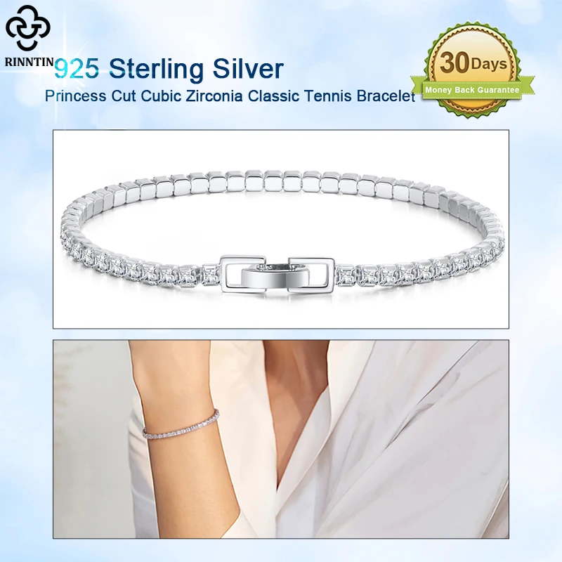 Rinntin 925 Sterling Silver Princes Cut 2.5/3.0mm Cubic Zirconia Classic Tennis Bracelet 6.5/7.0/7.5 Inch Tennis Jewelry SB113