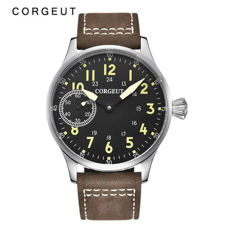 Corgeut 44mm Fashion Leather Luminous Mechanical Hand Winding Watch 17 Jewels Seagull ST3600 6497 movement Sport Men WristWatch