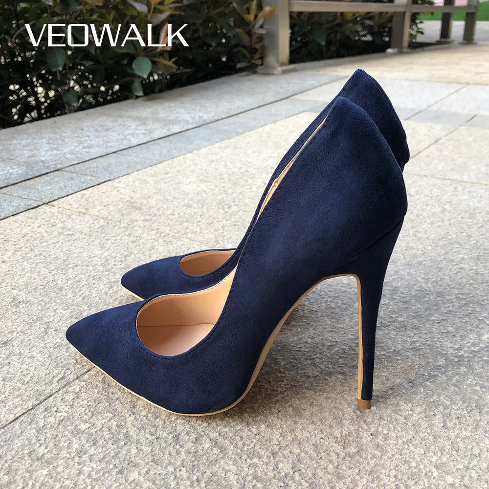 Veowalk Navy Blue Women Synthetic Suede High Heels Pointed Toe Slip on OL Ladies Stiletto Pumps 8 10 12cm Fashion Wedding Shoes