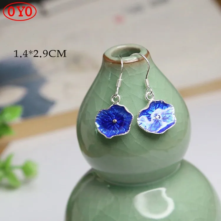 

925 sterling silver vintage Chinese style ancient landscape Thai blue earrings Hanfu cheongsam earrings