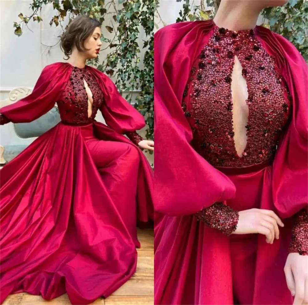 Robe De Soirée rouge avec jupe détachable, manches longues, style sirène, avec traîne, sur mesure, Robes spéciales