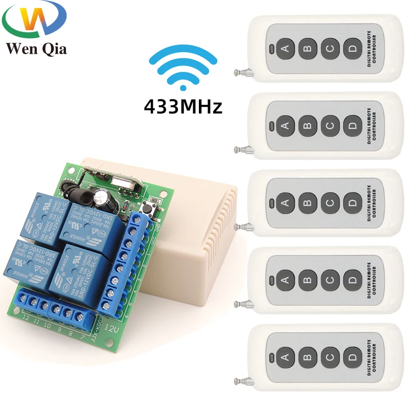 Wenqia Wireless Smart Switch RF 433Mhz Module Universal Gate Remote Control 12V 4CH Relay ON/OFF Transmitter For Motor,LED,Fan