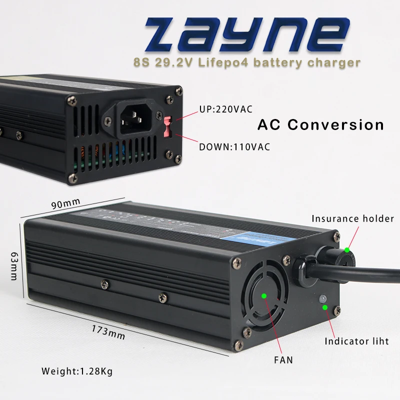 ZAYNE 24 VOLT 18 AMP powłoka aluminiowa wysokiej częstotliwości inteligentna szybka ładowarka do 8S 29.2V Lifeipo4 akumulator elektryczny statek