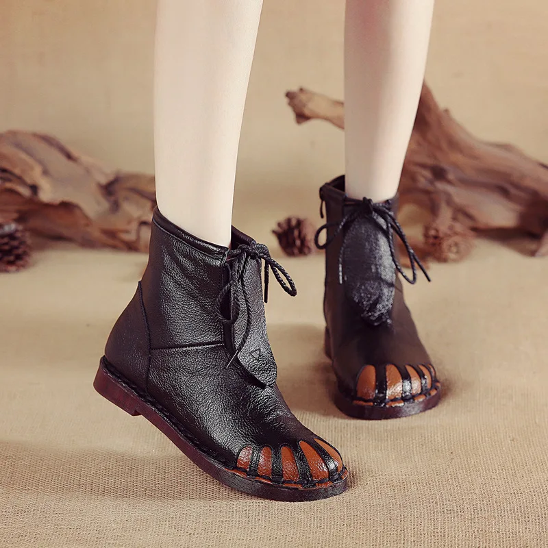 Glglgege Fashion Winter Lace-Up Flat Boots Genuine Leather Ankle Shoes Vintage Casual Shoes Handmade Women Boot